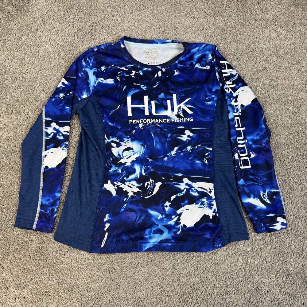 Huk Performance Fishing Shirt Womens L Blue Jersey Long Sleeve Breathable